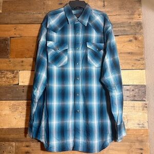 Pendleton Frontier Shirt Pearl Snap Blue White Plaid Light Weight Size Large‎